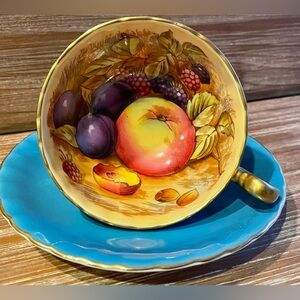 Aynsley Orchard Fruit Turquoise Teacup & Saucer Bone China England Signed W/#